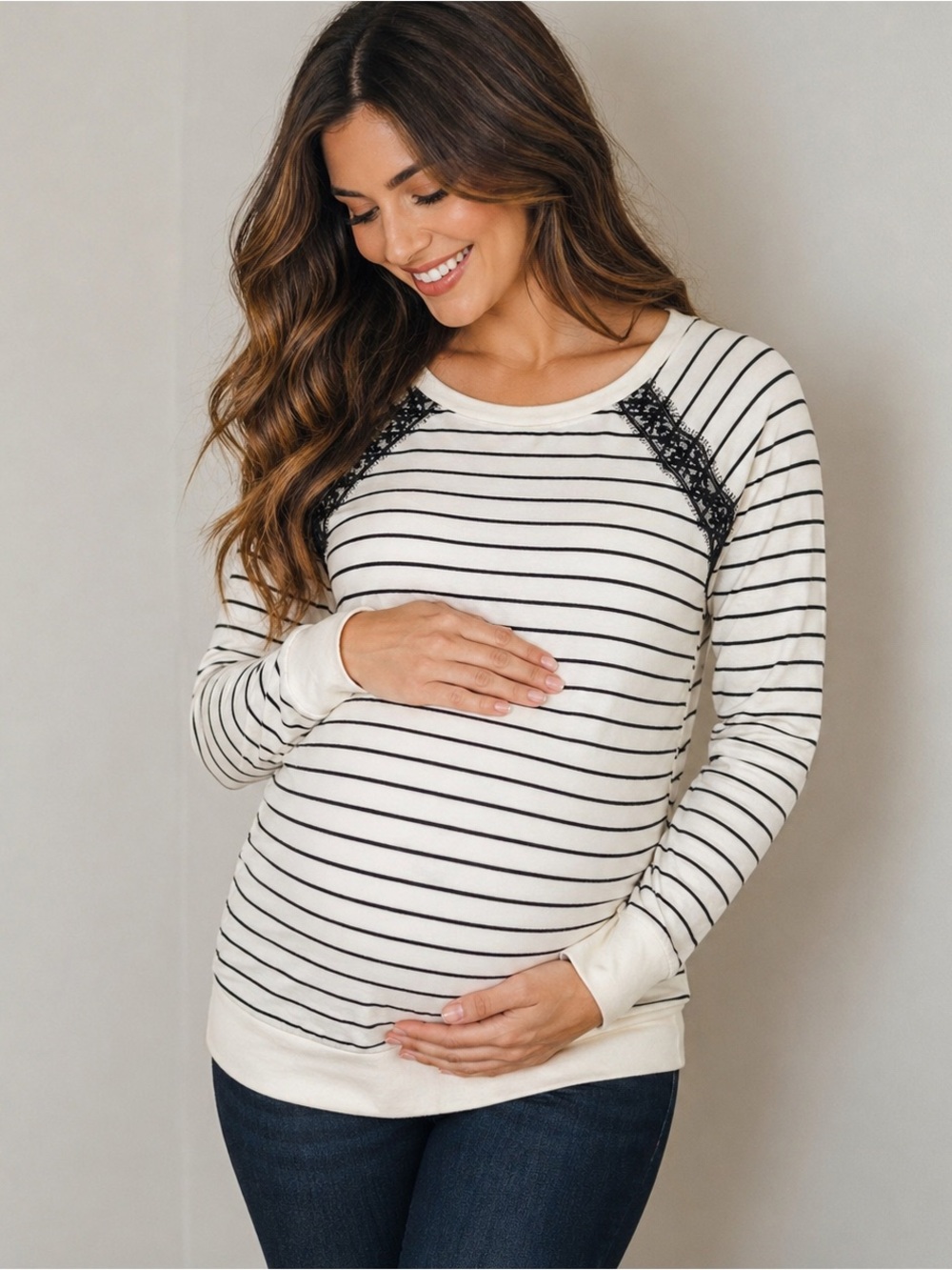 ✨ Motherhood Maternity Striped Sweatshirt – Cozy & Cute 🤍🖤✨